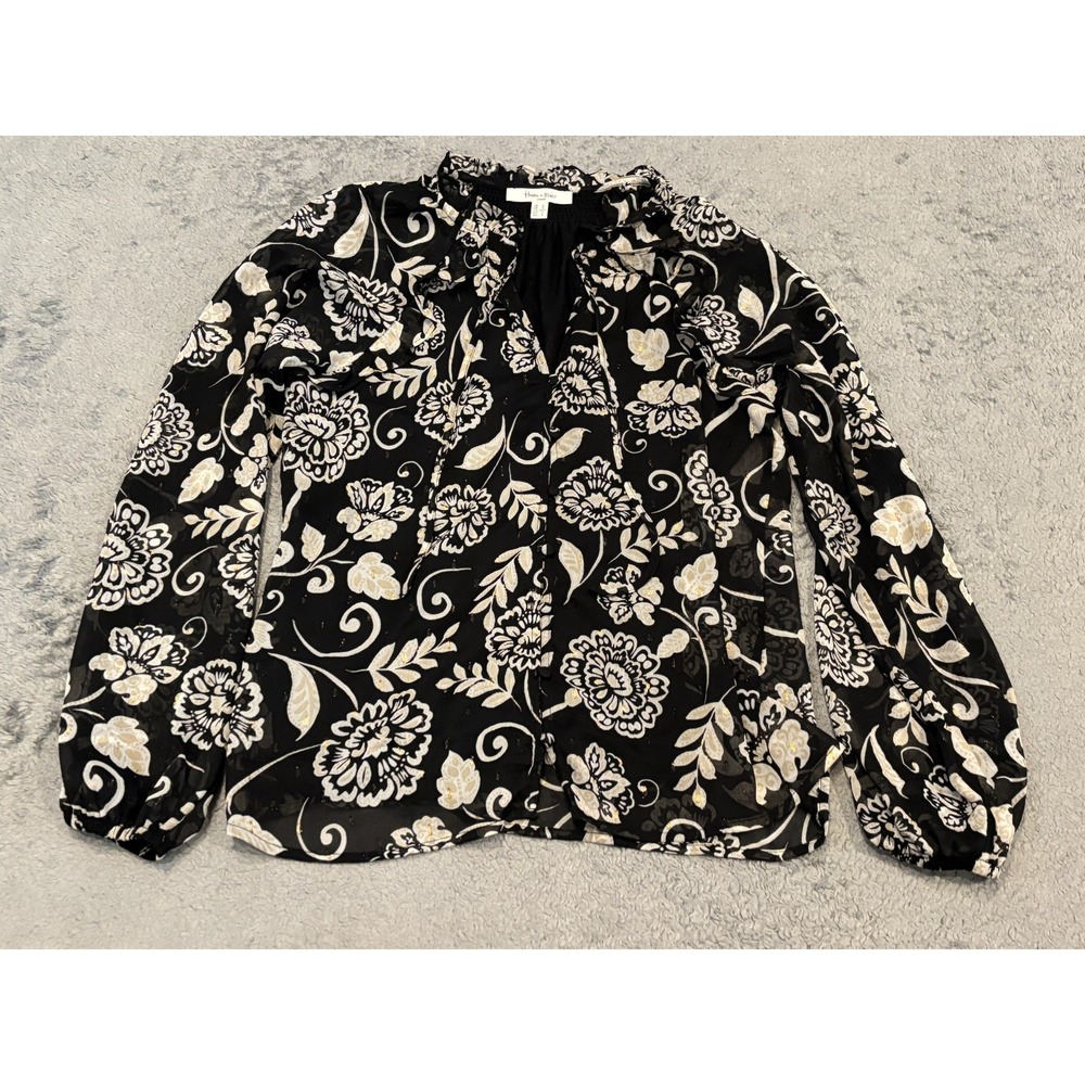 Haver & Blair Womens Small Sheer Black Gold Floral Boho Chiffon Blouse Top